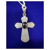STERLING SILVER CROSS W/ BLACK ONYX PENDANT -