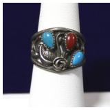 Navajo Sterling Feather Turquoise & Coral Ring