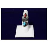 Navajo Turquoise & Coral Sterling Silver Ring