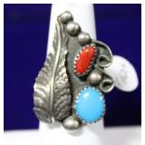 Navajo Sterling Feather Turquoise & Coral Ring