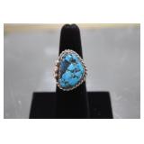 Navajo Signed Turquoise Cabochon Sterling Ring