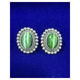 PAIR OF STERLING SILVER EARRINGS WITH OVAL GREEN