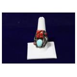 Mosaic Red Coral & Turquoise Cabochon Navajo Ring