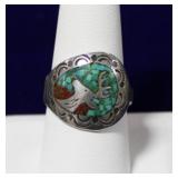 Navajo Sterling Silver Deer Turquoise & Coral Ring