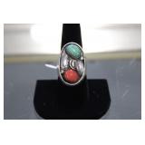 Navajo Royston Turquoise & Red Coral Stone Ring