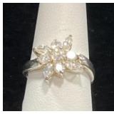 STERLING SILVER & WHITE STONE FLORAL CLUSTER RING