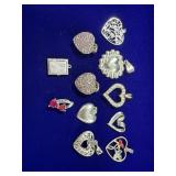 (10) STERLING SILVER HEART PENDANTS/CHARMS -