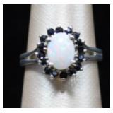 Sterling Silver Oval Opal Dark Stone Halo Ring