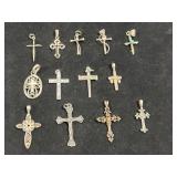 (13) STERLING SILVER CROSS PENDANTS/CHARMS -