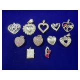 (10) STERLING SILVER HEART PENDANTS/CHARMS -