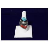 Old Pawn Navajo Turquoise & Coral Sterling Ring