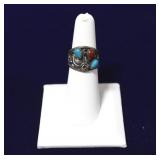 Navajo Sterling Feather Turquoise & Coral Ring