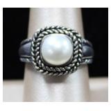 Sterling Silver Braided Band Faux Pearl Ring