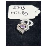 STERLING SILVER HEART PENDANT W/ AMETHYST STONE &