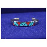 Navajo Chip Turquoise/Coral Heart Silver Bracelet
