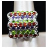 Sterling Silver Multi-Gemstone Stripped Band Ring