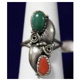 Navajo Sterling Silver Double Feather & Stone Ring
