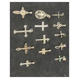 (13) STERLING SILVER CROSS PENDANTS/CHARMS -