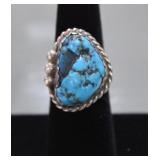 Navajo Signed Turquoise Cabochon Sterling Ring