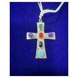 STERLING SILVER MULTI-STONE CROSS PENDANT -