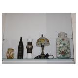 SMALL LAMP AND 4 VASES