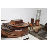 COLLECTION OF WOOD TRAYS, FIGURINES & MORE