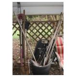MIXED LOT OF OUT DOOR YARD TOOLS AND CHAIR
