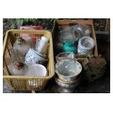 MISC GLASS VASES AND CERAMIC PLANTERS & FROG