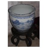 15"H X 18"W BLUE & WHITE PORCELAIN PLANTER
