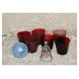 RUBY RED TUMBLERS  ART GLASS ORNAMENT  & BELL