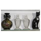 CANDY DISHES, VASE, CAT STATUE ETC