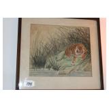 13" X 14" FRAMED WATER COLOR - "TIGER"