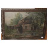 ANTIQUE OIL ON CANVAS OLD MILL PAINTING