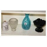 SHELF OF FIGURINES AND GLASS VESSELS