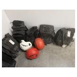 5 backpacks and helmets