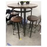 Wood and iron high top round table and 3 barstools