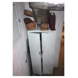 WICKER BASKETS, METAL CABINET, FLATWARE ETC