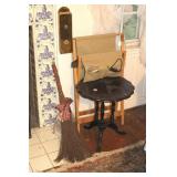 SMALL  ACCENT TABLE, BROOM, FOLDING STOOL