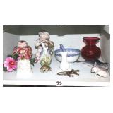 FIGURINES, BRASS LOCK, VASE, ETC