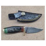 Black Horn Damascus Knife W/ Sheath