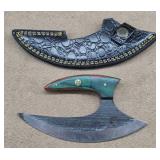 Damascus Steel Ulu Knife w/ Leather Sheath