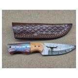 Longhorn Cutout Damascus Knife w/ Sheath