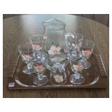 Pink Dogwood Glass Pitcher & 7 Glasses w/ Tray