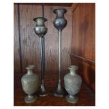 4pc Brass Tall Candlesticks & Vases