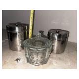 2 metal containers and 1 glass candy dish