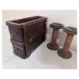 Antique Wood Cupboard & wood spools