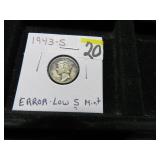 LOT FT 20 1943 S  MERCURY DIME ERROR LOW S