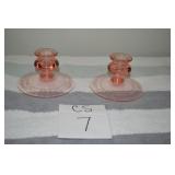 PAIR  PINK DEPRESSION CANDLE STICK HOLDERS  3 1/2H