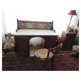 LOT EE 102  ANTIQUE MABLE TOP DESK  CHAIR  CABINET
