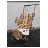 VICTORIAN WICKER STICK & BALL STROLLER WITH DOLL